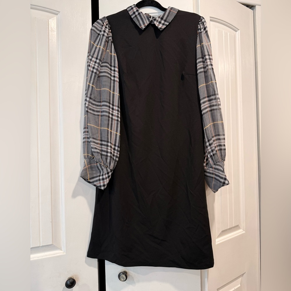 Shelby & Palmer Black Dress with Plaid Sleeves